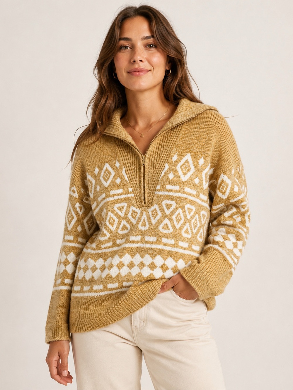 J Crew wool/ alpaca blend Womens Beige Half Zip in Geometric Knit sweater Sz M